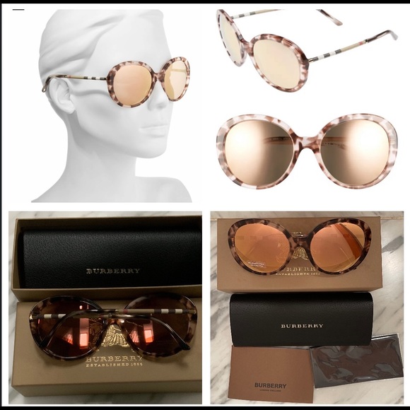 BURBERRY CHECK TEMPLE ARMS MIRRORED ROUND SUNNIES - Picture 1 of 16